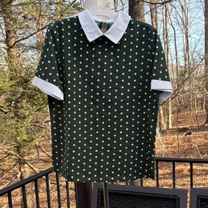 No name Green Polka Dot women's short sleeve collared top with button sz. XL